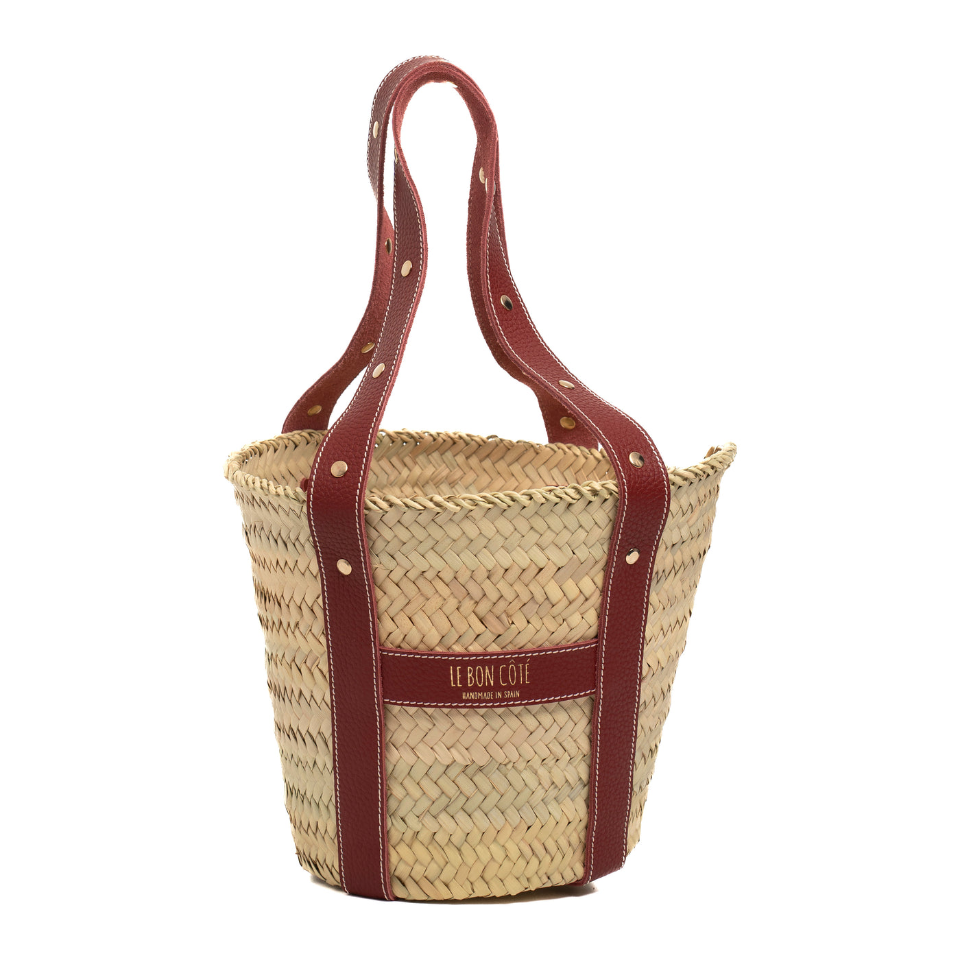Cesta pequeña de palma con asas de piel burdeos
