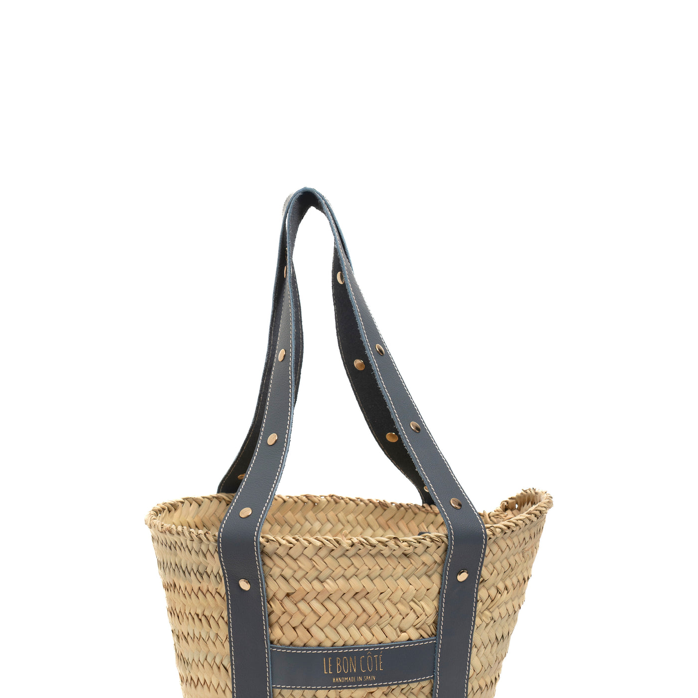Cesta con asas de piel azul brumé